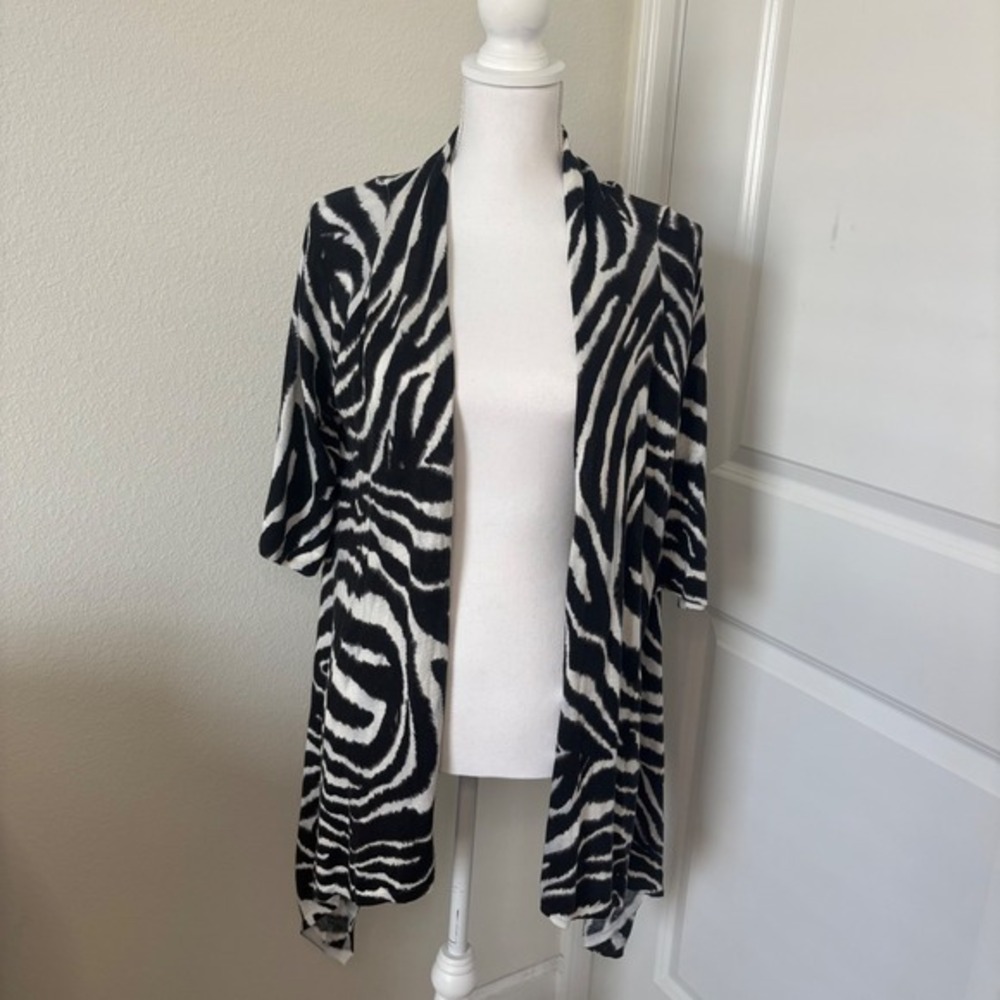 Chicos Zebra Print Open Front Cardigan Black White Cotton Modal Size 1 Medium